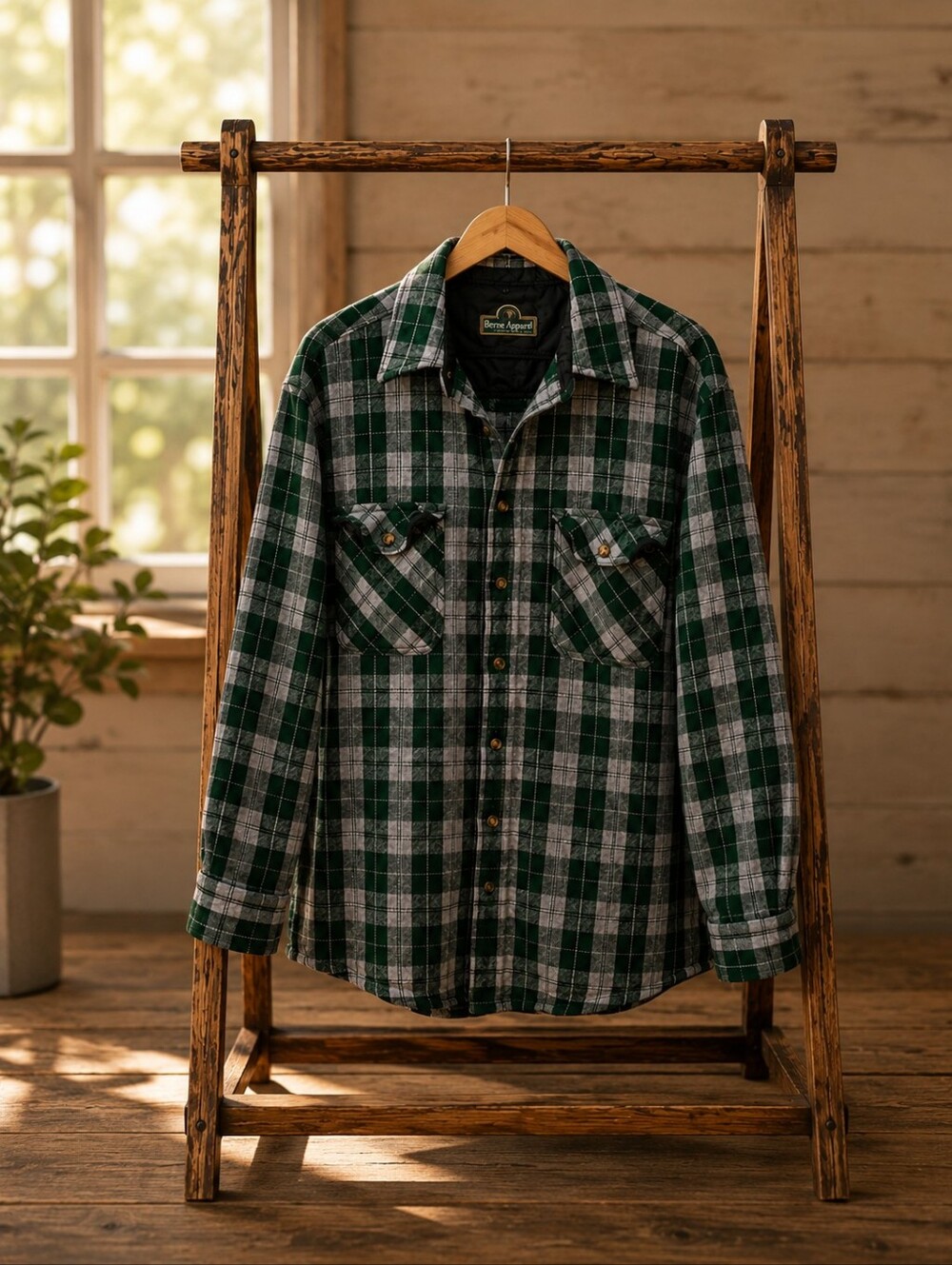 Berne Quilted Lined Flannel Shirt Jacket XL Green Plaid Heavyweight Shacket